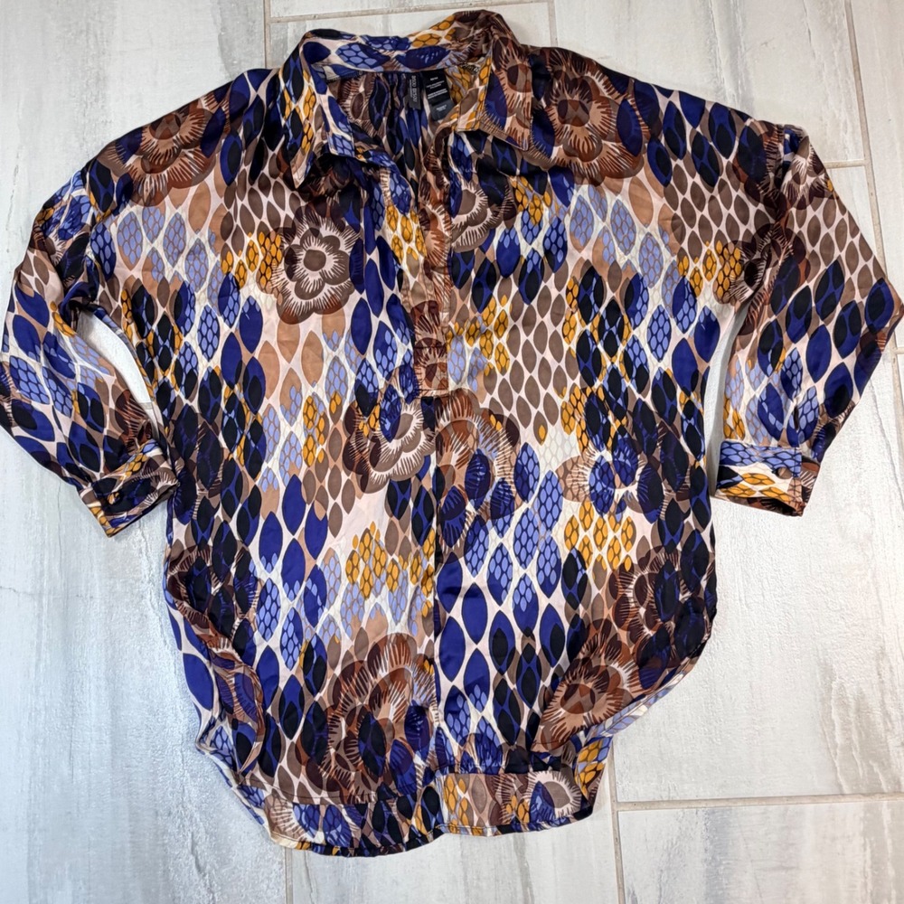 Vintage Y2K Bisou Bisou Michele Bohbot Floral Geometric Satin Tunic Blouse M